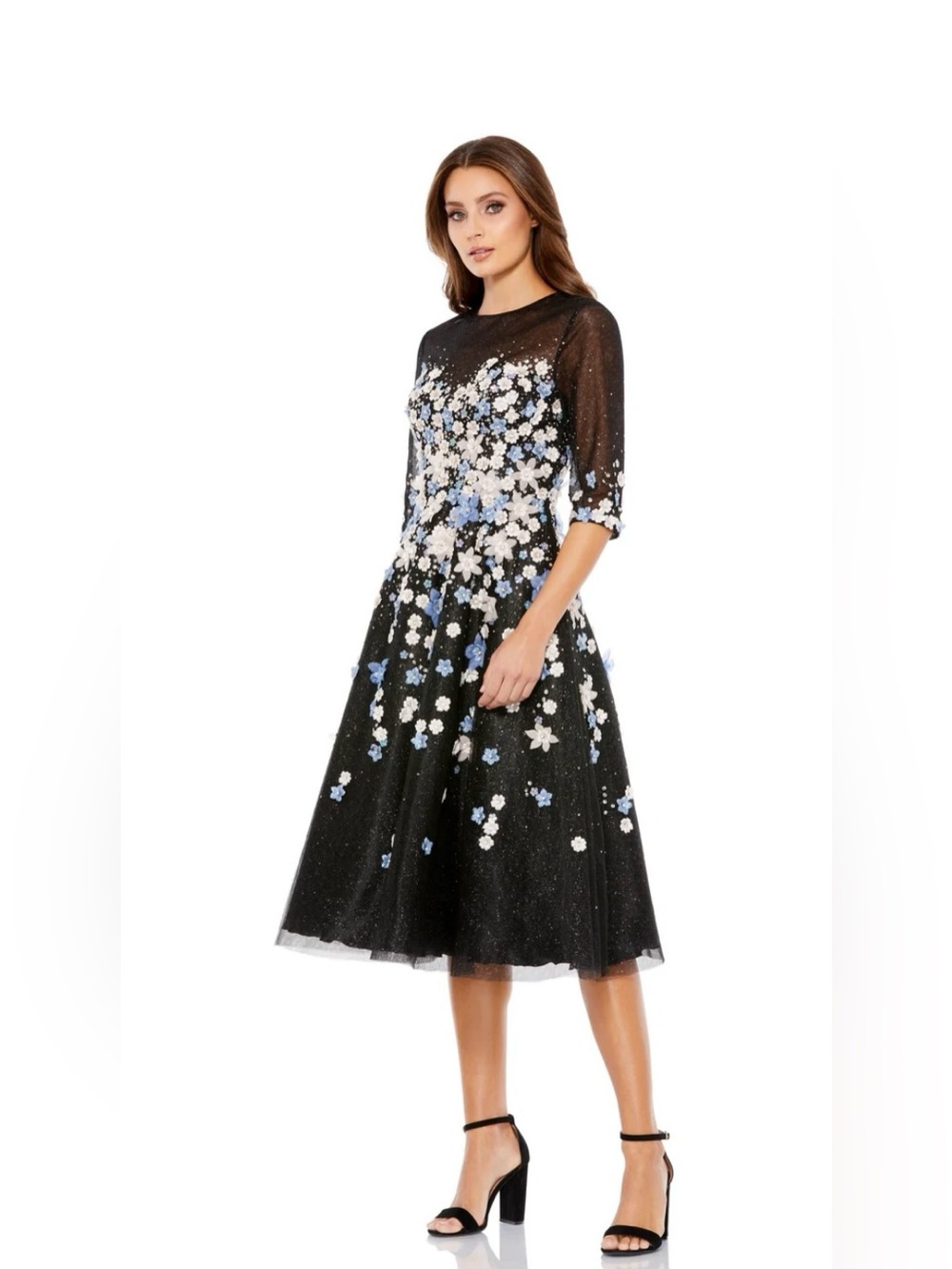 Mac Duggal Black Midi Dress with Blue & White Floral Appliqué